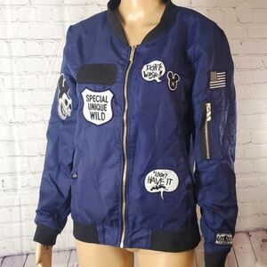 Punker Punk Rock Vixen Bomber Jacket Patches Grunge Rockabilly Navy Blue Sz Med